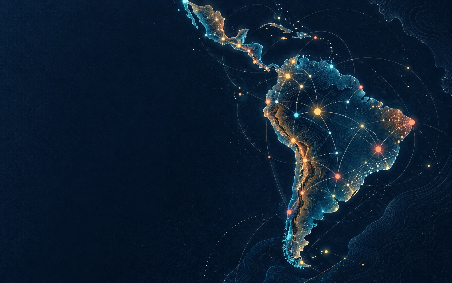 Mapa artístico de Latinoamérica conectado por nodos de conocimiento